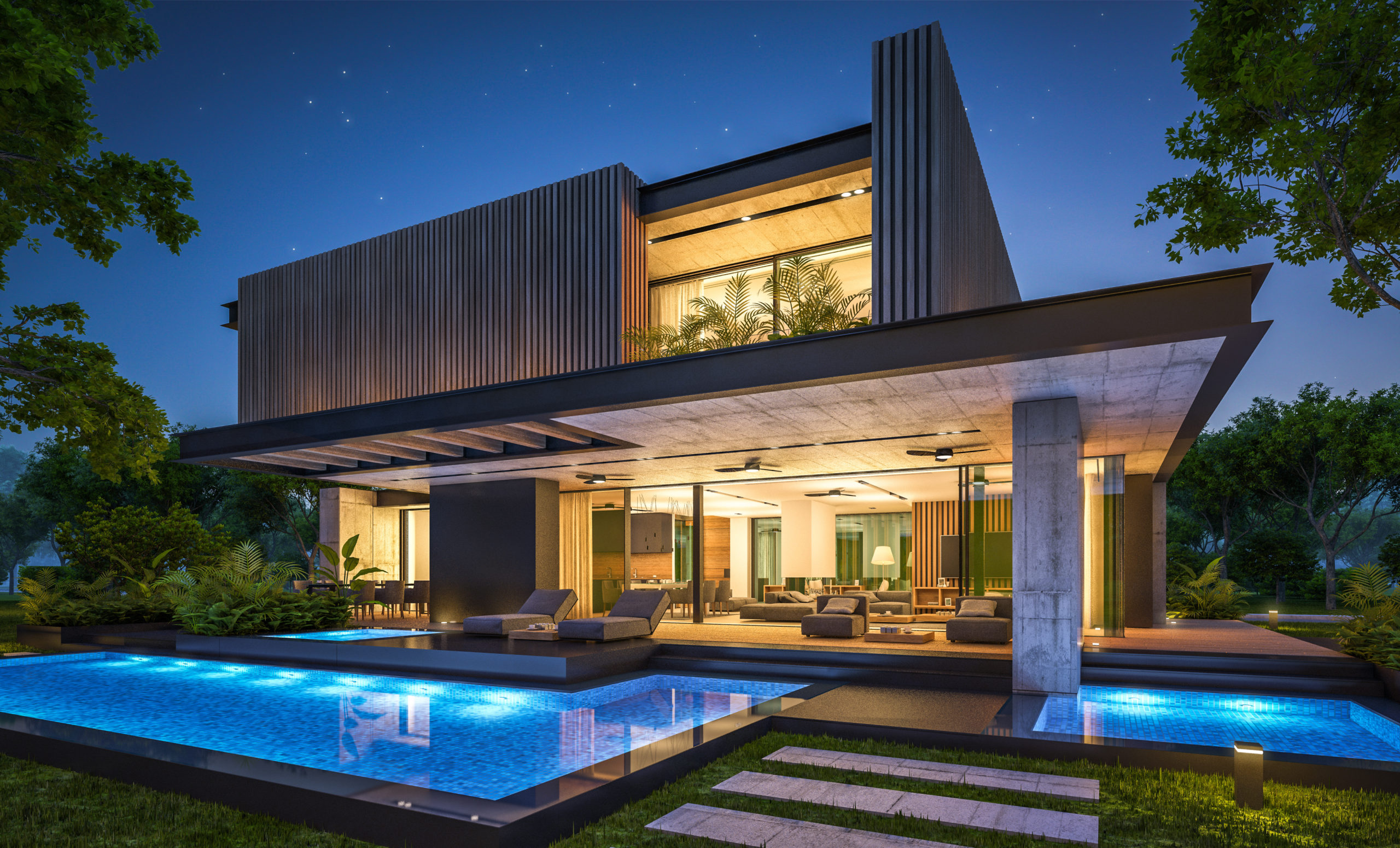 "Modern luxury home with glowing pool and sleek architecture in Tampa Florida – Florida real estate at night"