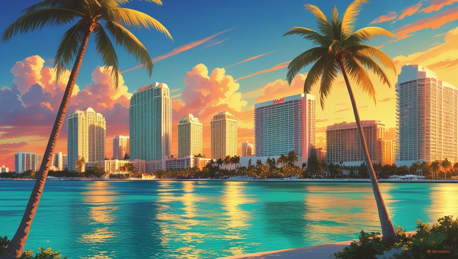 Miami skyline at sunset with palm trees in the foreground and high-rise buildings reflecting in the water.