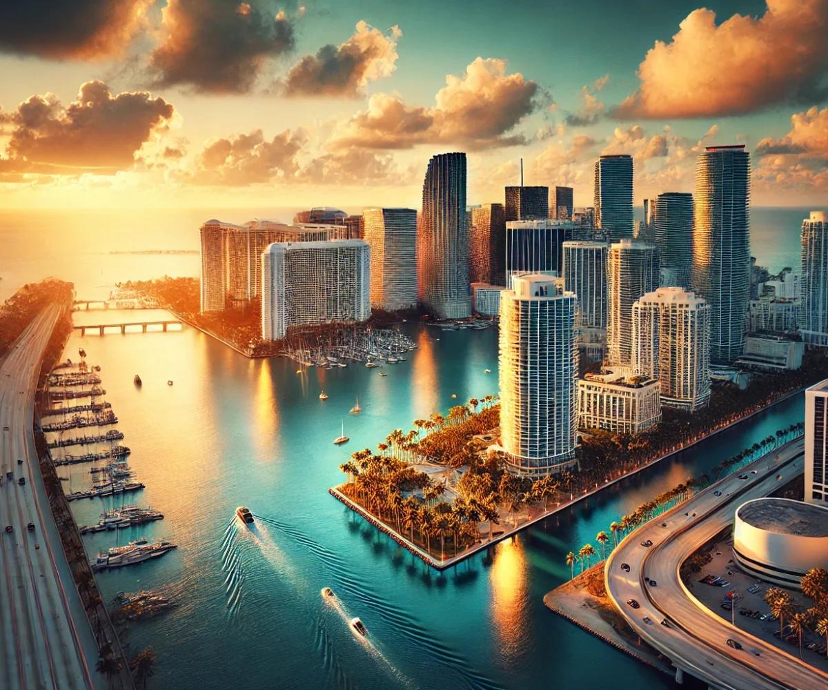 A cinematic aerial view of the Miami waterfront skyline bathed in golden light, capturing the mood of the city’s tropical brilliance.