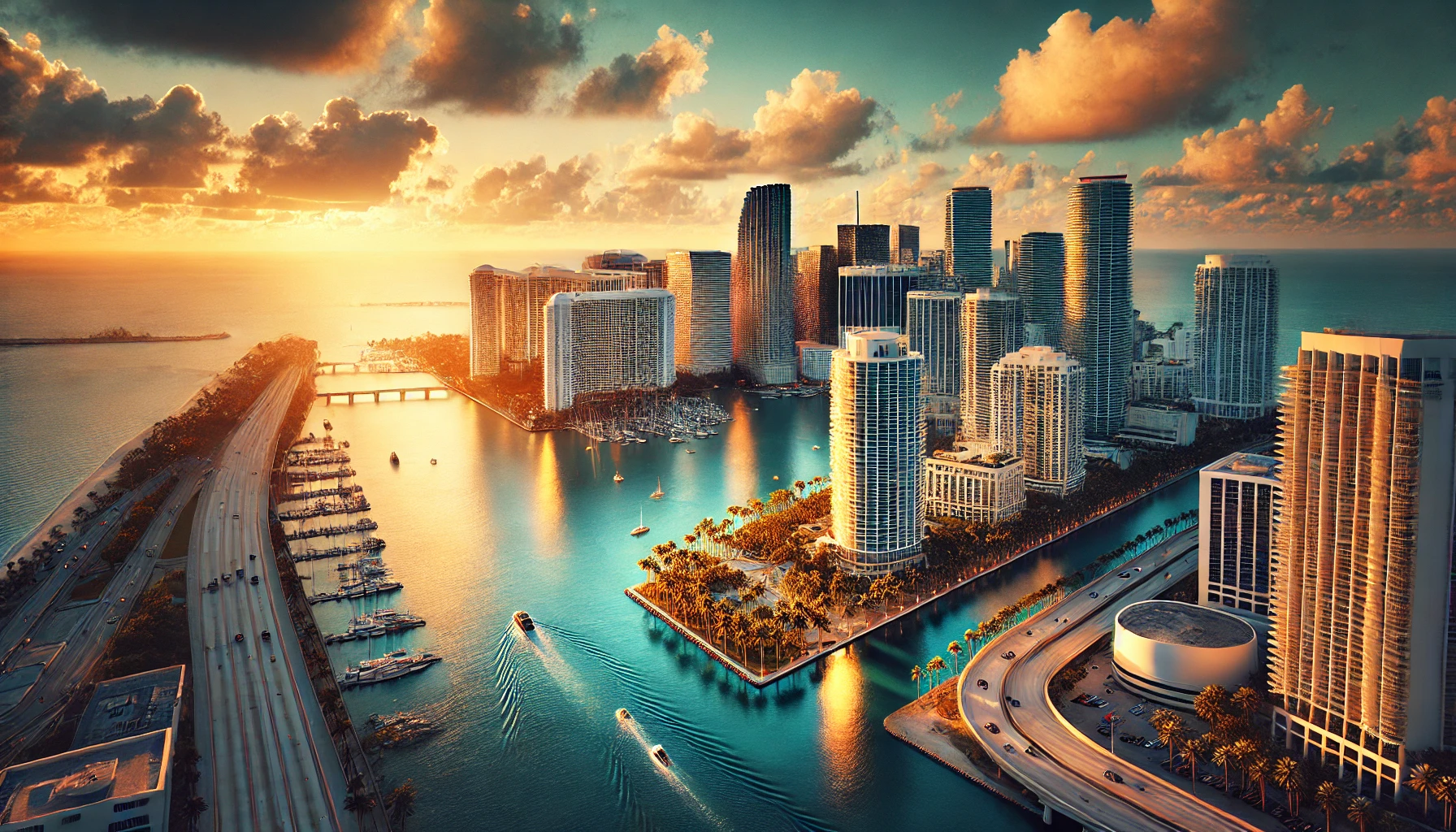 A cinematic aerial view of the Miami waterfront skyline bathed in golden light, capturing the mood of the city’s tropical brilliance.