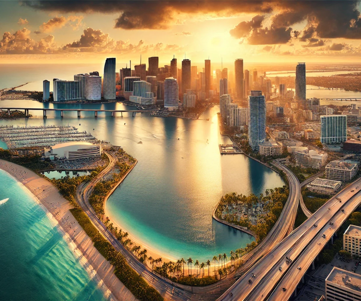 A panoramic golden-hour view of Miami, uniting Brickell’s skyline, Biscayne Bay’s shimmer, and the beaches beyond in one radiant composition.