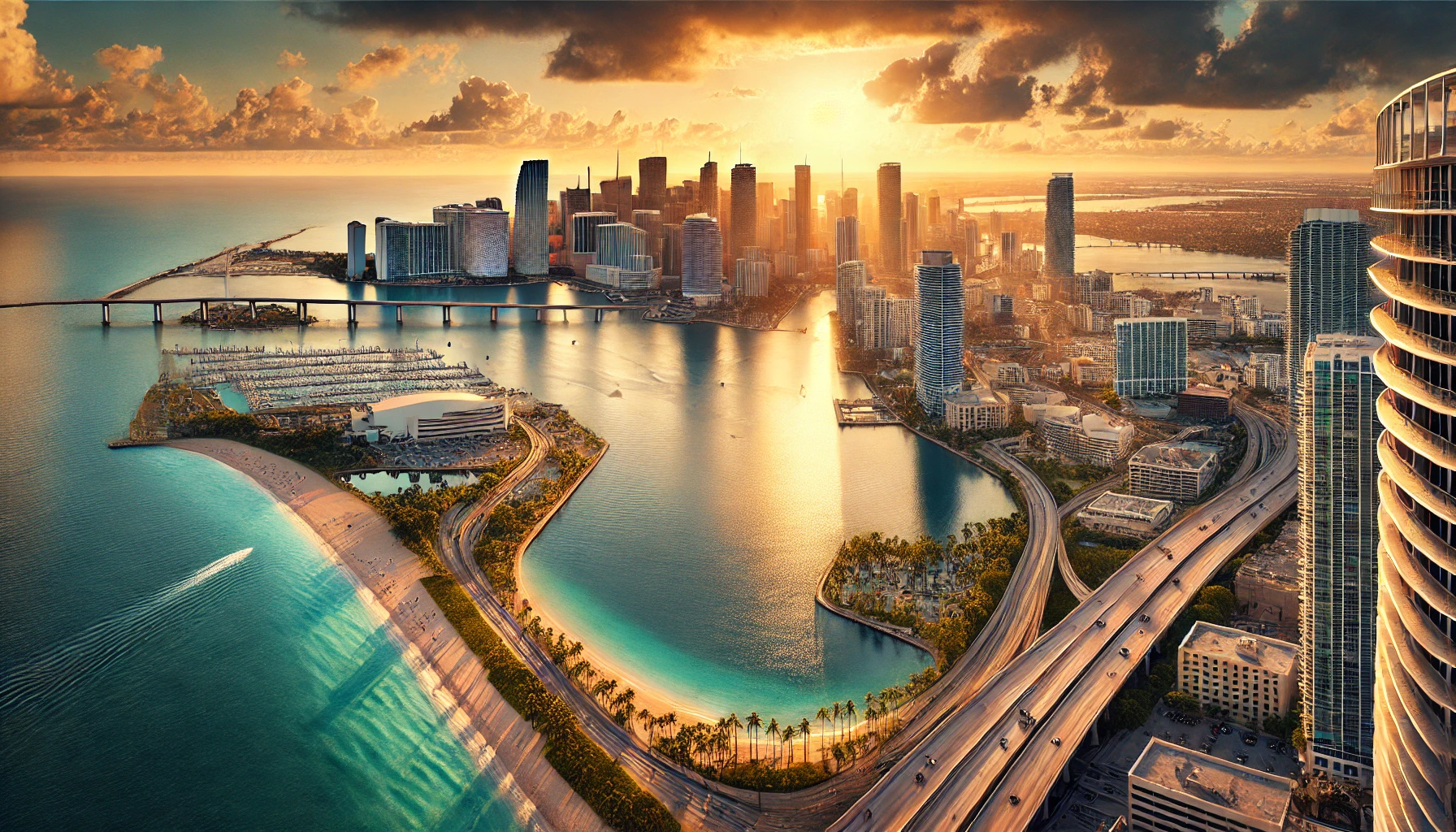 A panoramic golden-hour view of Miami, uniting Brickell’s skyline, Biscayne Bay’s shimmer, and the beaches beyond in one radiant composition.