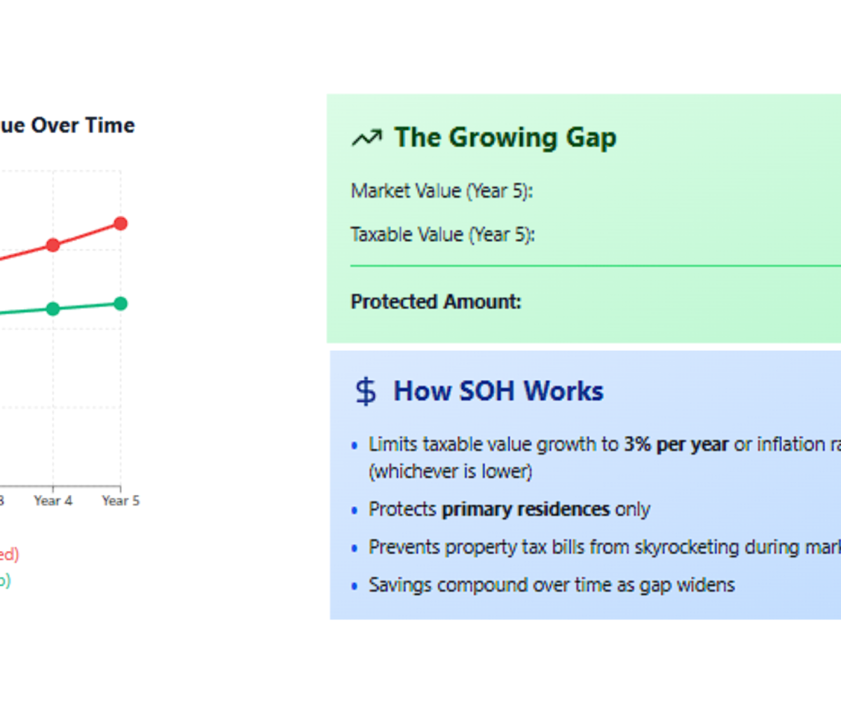Miami homeowner example showing market value increasing from $400K to $460K while taxable value only increases to $412K, with line graph comparing both values over 5 years and $2,500 year one savings highlighted