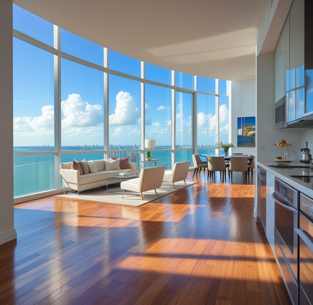 Modern Brickell condo interior featuring floor-to-ceiling windows overlooking the bay, with polished hardwood floors, contemporary furniture, and an open-concept living, dining, and kitchen area bathed in natural light.