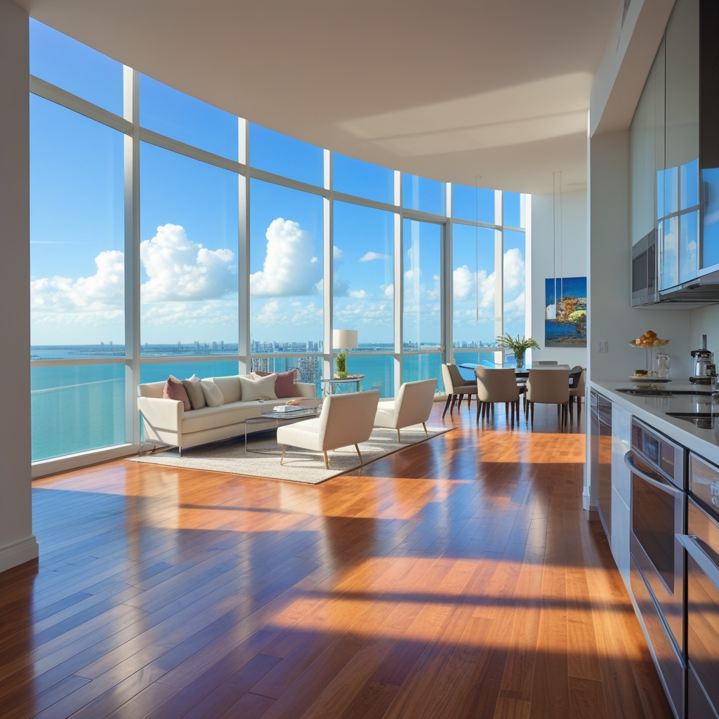 Modern Brickell condo interior featuring floor-to-ceiling windows overlooking the bay, with polished hardwood floors, contemporary furniture, and an open-concept living, dining, and kitchen area bathed in natural light is one of the most sought after Miami waterfront properties