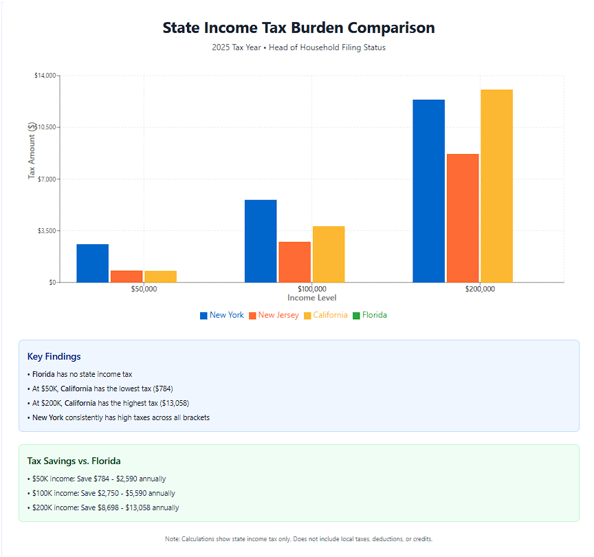 Bar chart by US Prime Realty comparing 2025 state income taxes for New York, New Jersey, California, and Florida at three income levels ($50K, $100K, $200K) for Head of Household filers. Florida shows zero tax at all levels. At $50K, taxes range from $784 (CA) to $2,590 (NY). At $100K, taxes range from $2,750 (NJ) to $5,590 (NY). At $200K, taxes range from $8,698 (NJ) to $13,058 (CA).