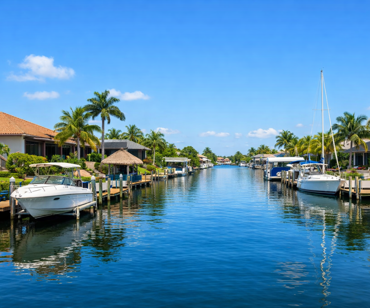 Cape Coral canal city with boats behind waterfront homes