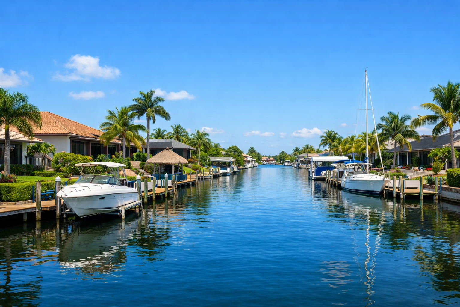 Cape Coral canal city with boats behind waterfront homes