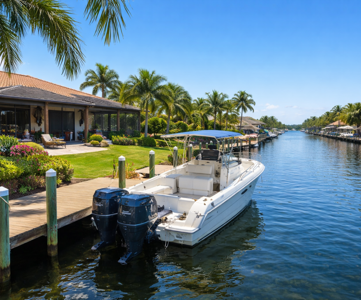 Private dock at a Cape Coral canal home with direct boat access