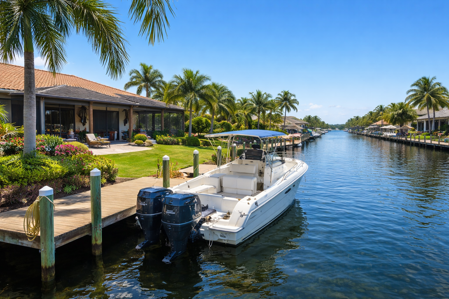 Private dock at a Cape Coral canal home with direct boat access