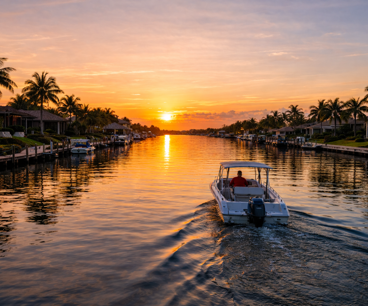 Sunset boating scene reflecting daily life in Cape Coral