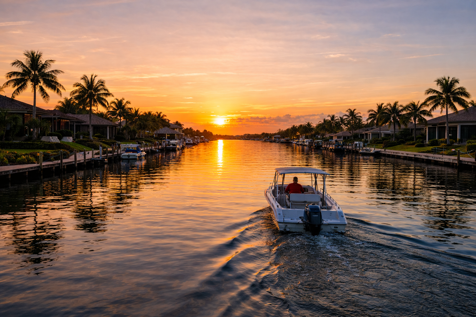 Sunset boating scene reflecting daily life in Cape Coral