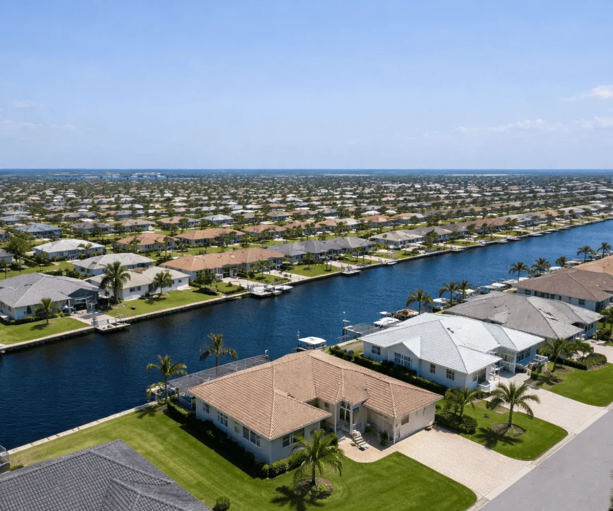 Aerial view of Cape Coral FL homes and canals showing property value trends and neighborhoods in 2026