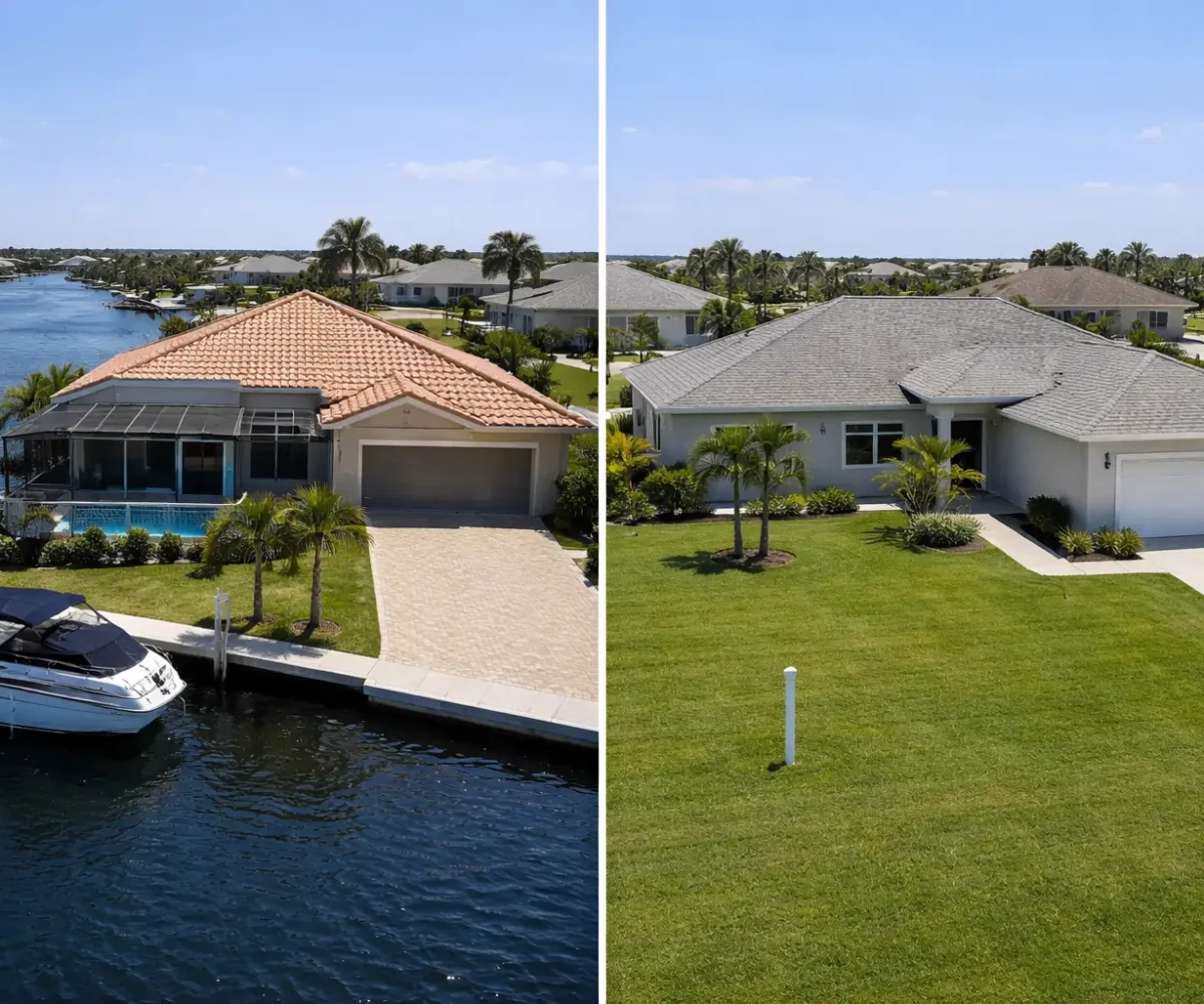 Comparison of waterfront canal home and inland dry lot home in Cape Coral FL showing property value differences