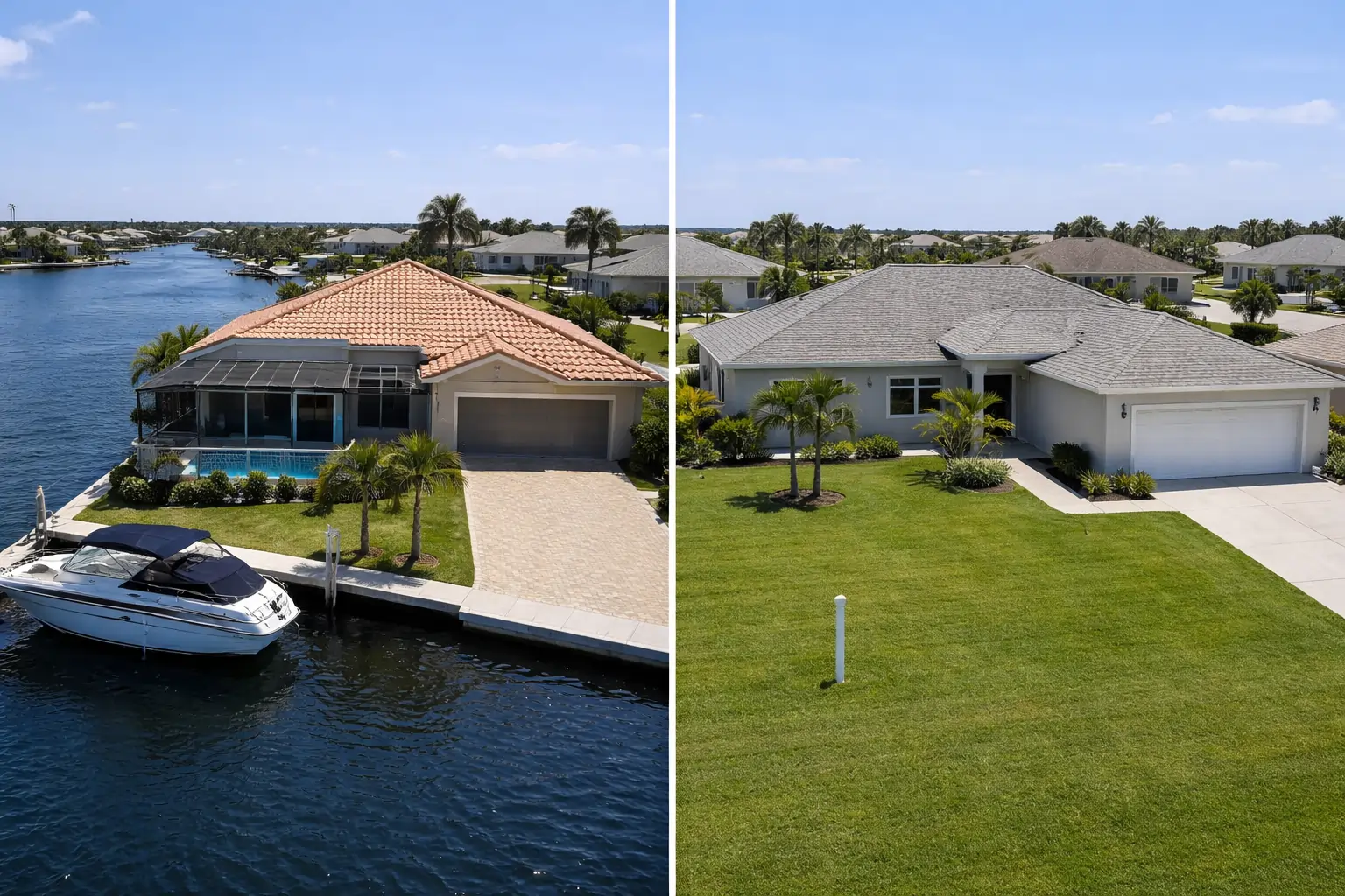Comparison of waterfront canal home and inland dry lot home in Cape Coral FL showing property value differences 