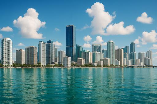 Clear blue sky over Miami skyline: Visit the U.S. Prime Realty Miami Office