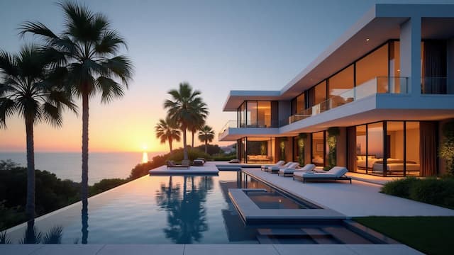 A stunning two-story contemporary mansion from a luxury home seller featuring floor-to-ceiling windows and an expansive infinity pool overlooking the ocean during a vibrant sunset with palm trees.