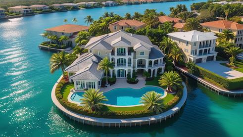 Luxury waterfront mansion with pool