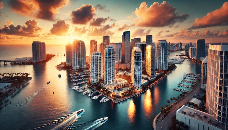 US PRime Realty A breathtaking aerial view of the Miami waterfront skyline at golden hour. The sun casts a warm golden light over modern high rise buildings reflectin