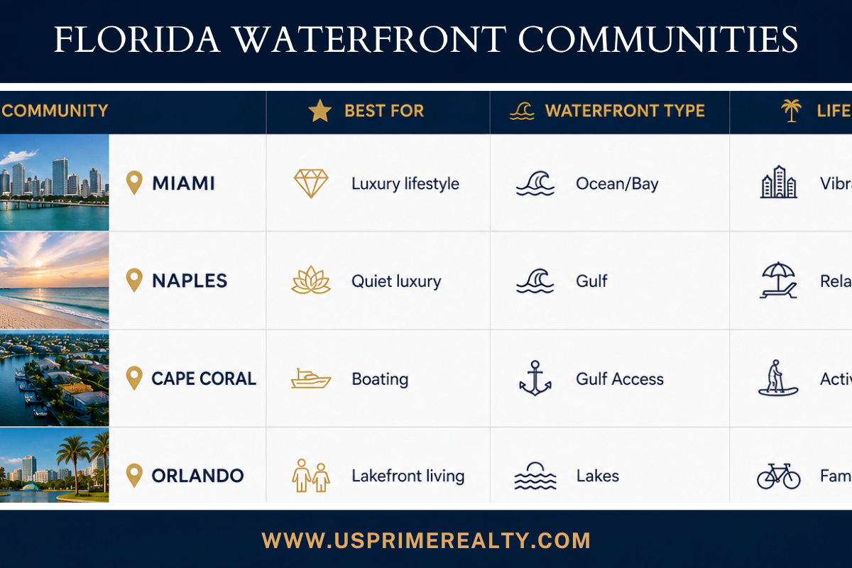 Luxury waterfront homes in Florida community comparison for Miami, Naples, Cape Coral, and Orlando