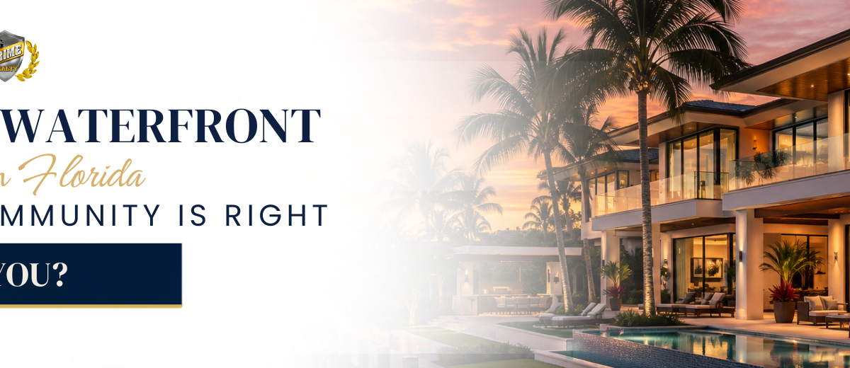 Luxury waterfront home in Florida with palm trees and a pool at sunset