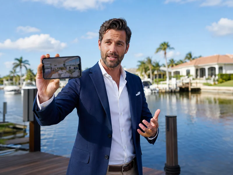 Real estate agent on a Cape Coral dock running a live video walkthrough on a phone for a remote buyer