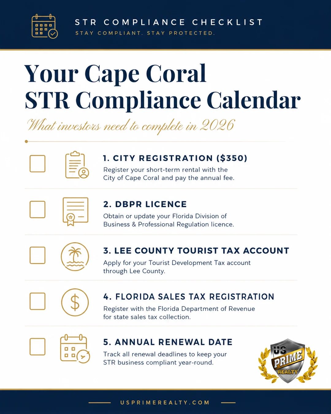 Cape Coral short term rental compliance checklist for 2026 including city registration, DBPR licence and tourist tax
