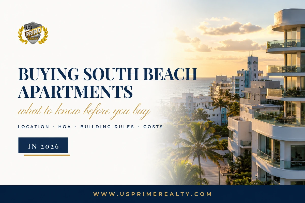 Buying South Beach apartments in 2026 guide banner from U.S. Prime Realty, showing oceanfront condo balconies at sunset