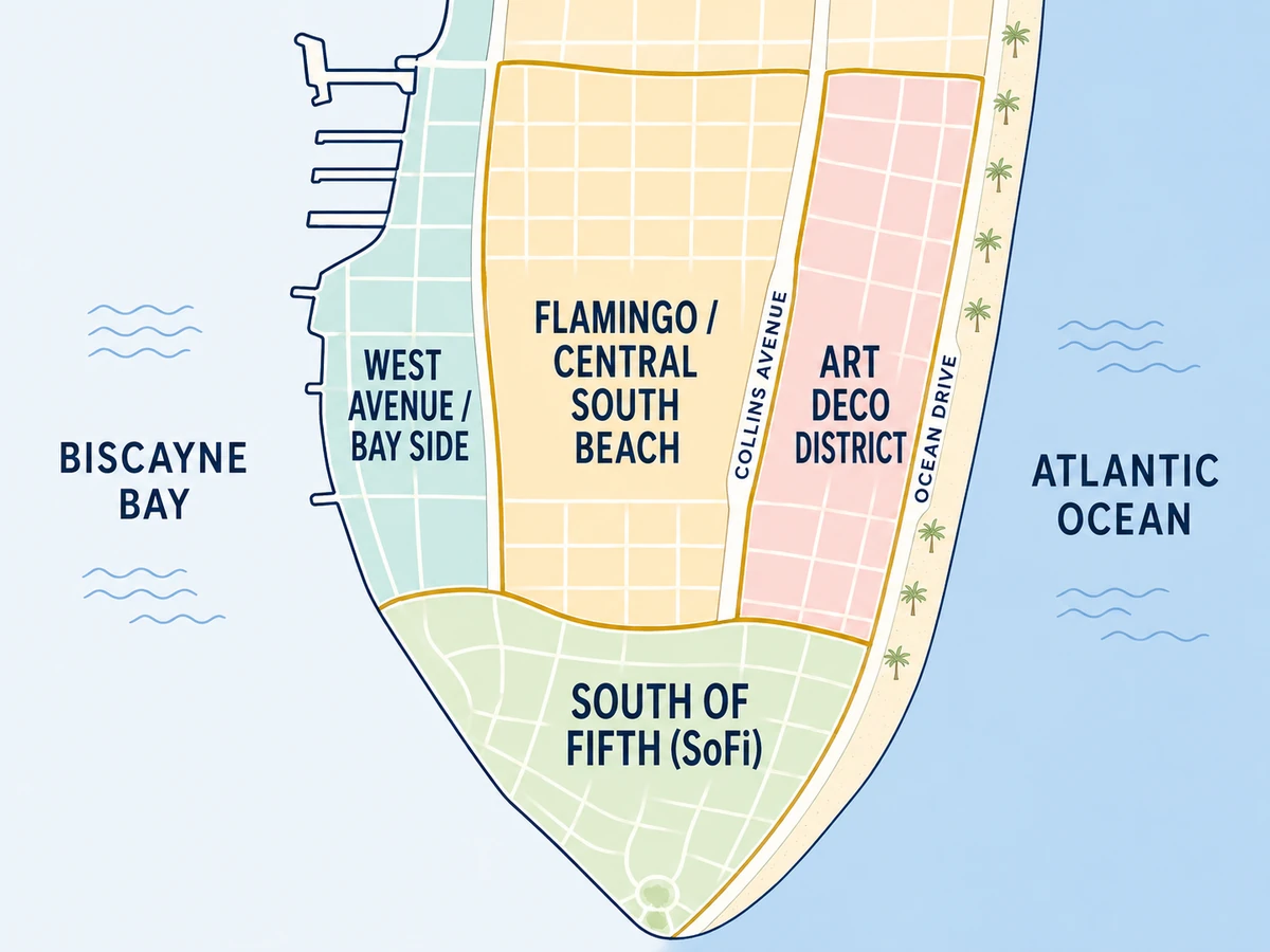 Map of the four South Beach pockets: South of Fifth, the Art Deco District, West Avenue and the bay side, and Flamingo