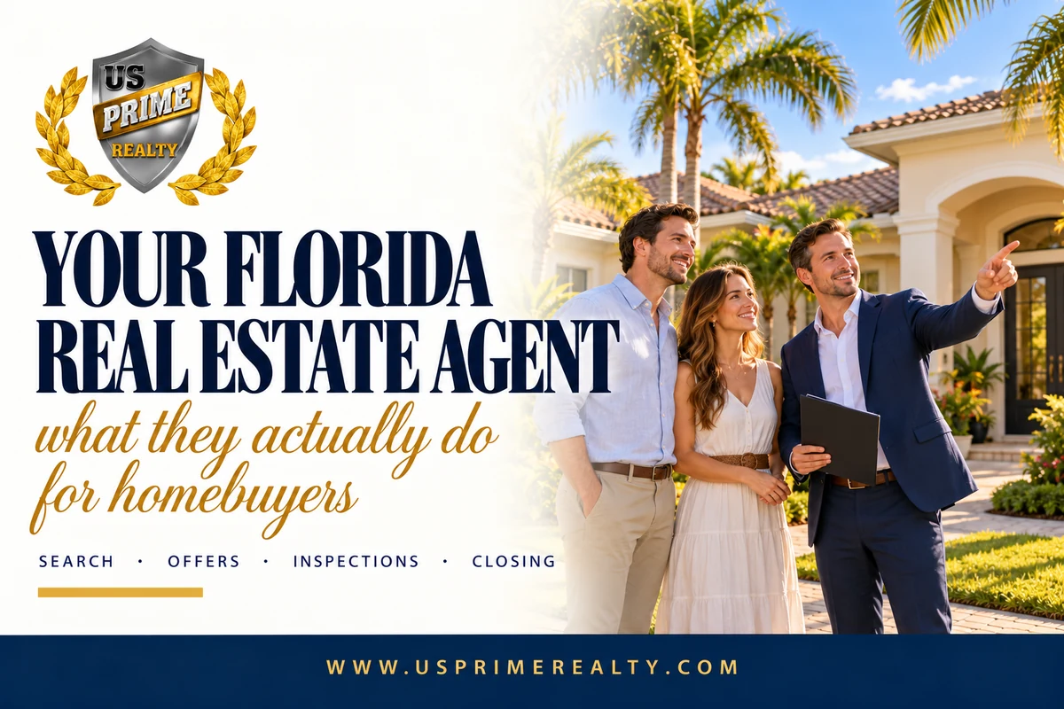 Florida homebuyers reviewing a property with a U.S. Prime Realty real estate agent