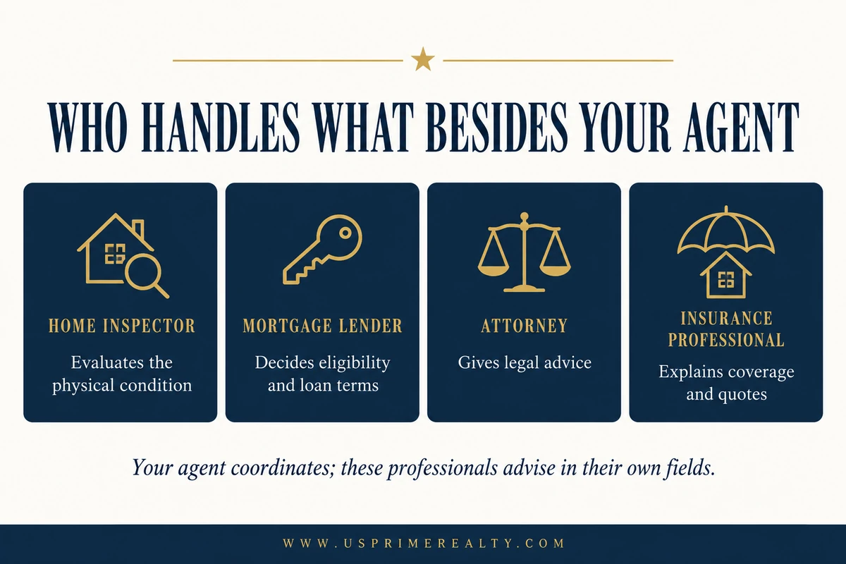 Who handles what besides your real estate agent: home inspector, mortgage lender, attorney and insurance professional