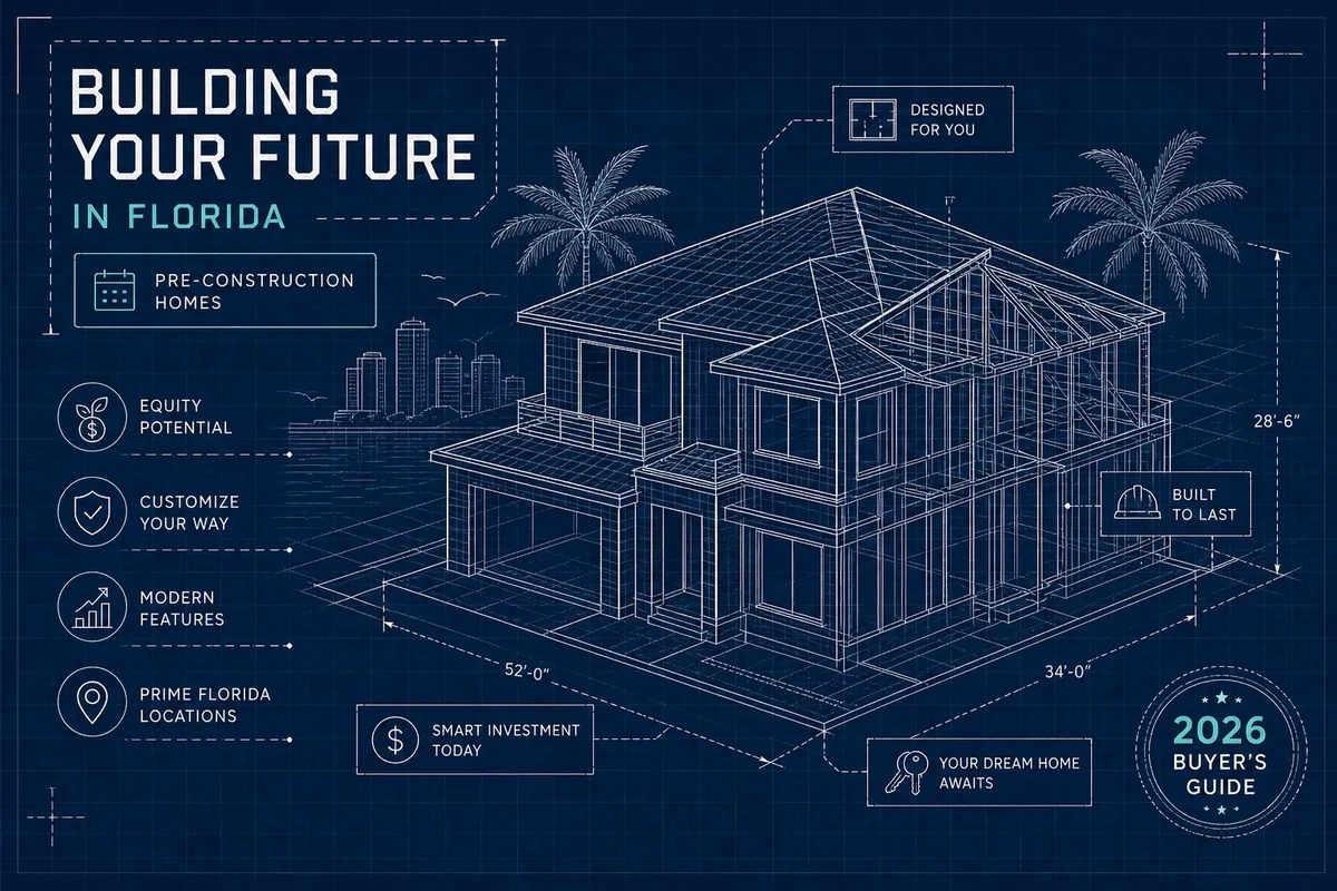 Pre-Construction Homes in Florida: The 2026 Buyer’s Guide 4 Building your future in Florida pre-construction homes blueprint illustration