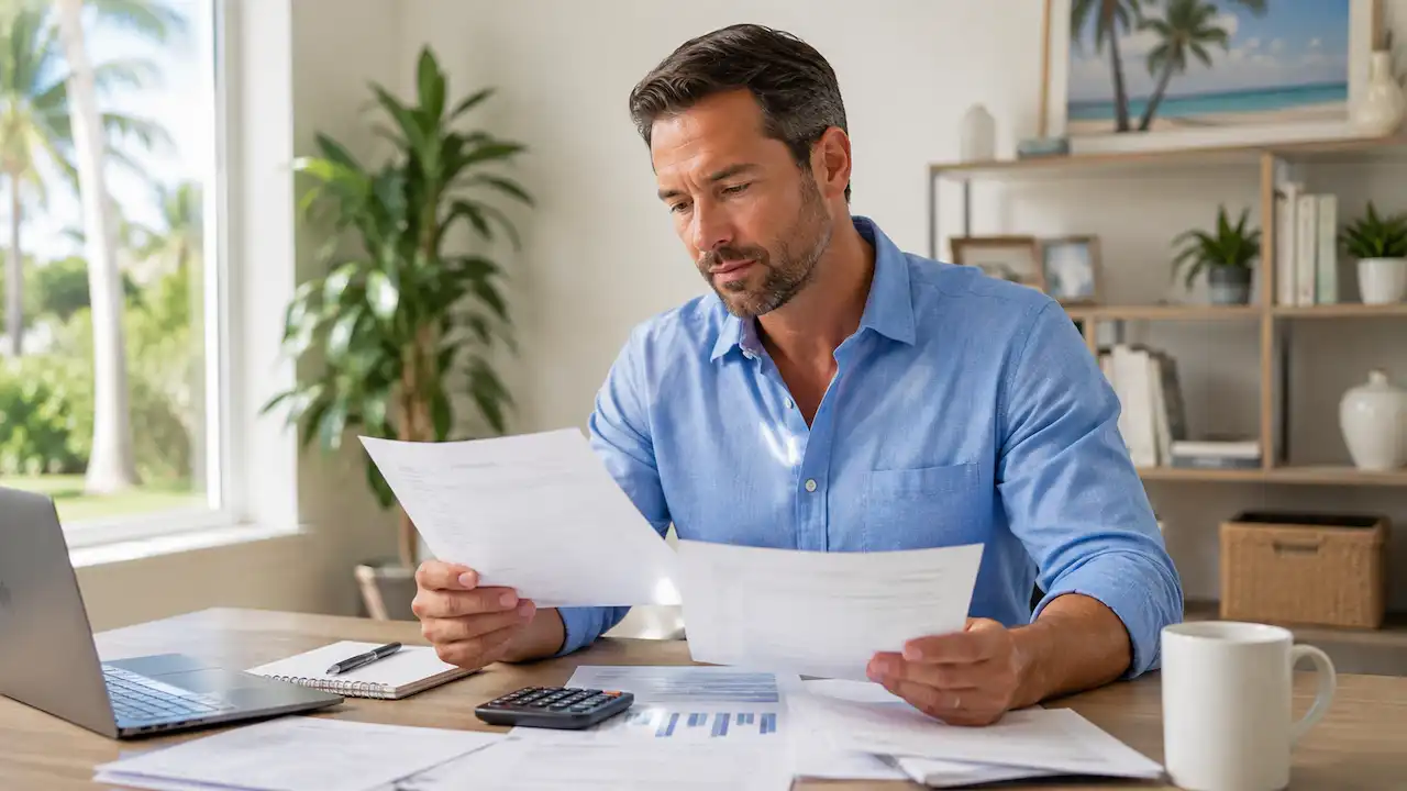 Business Owner in Florida? No State Income Tax and 3.5% Down Home Loan Options 6 Business owner reviewing tax and mortgage documents