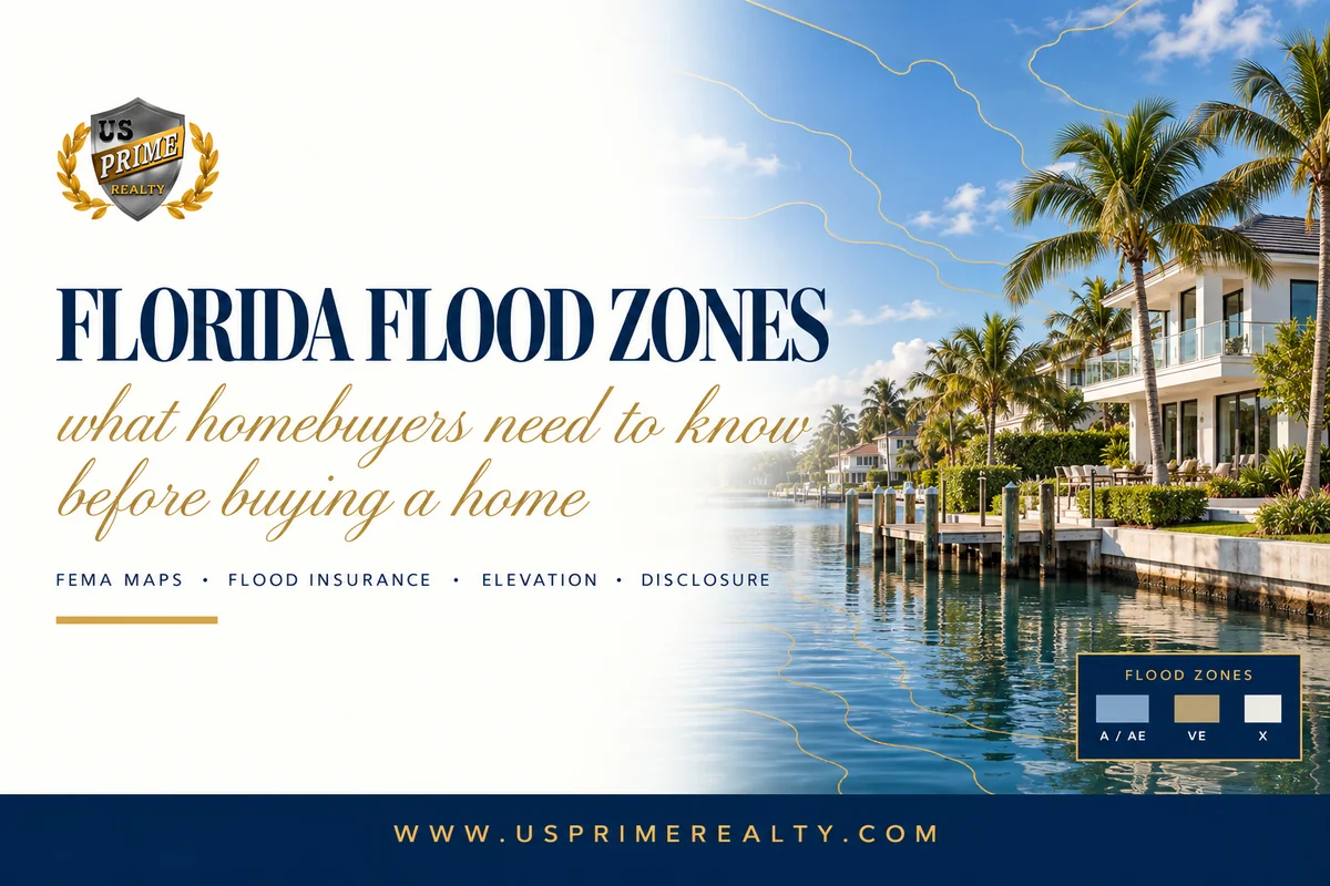 Florida flood zones homebuyer guide with coastal Florida home, FEMA map overlay and flood insurance checklist