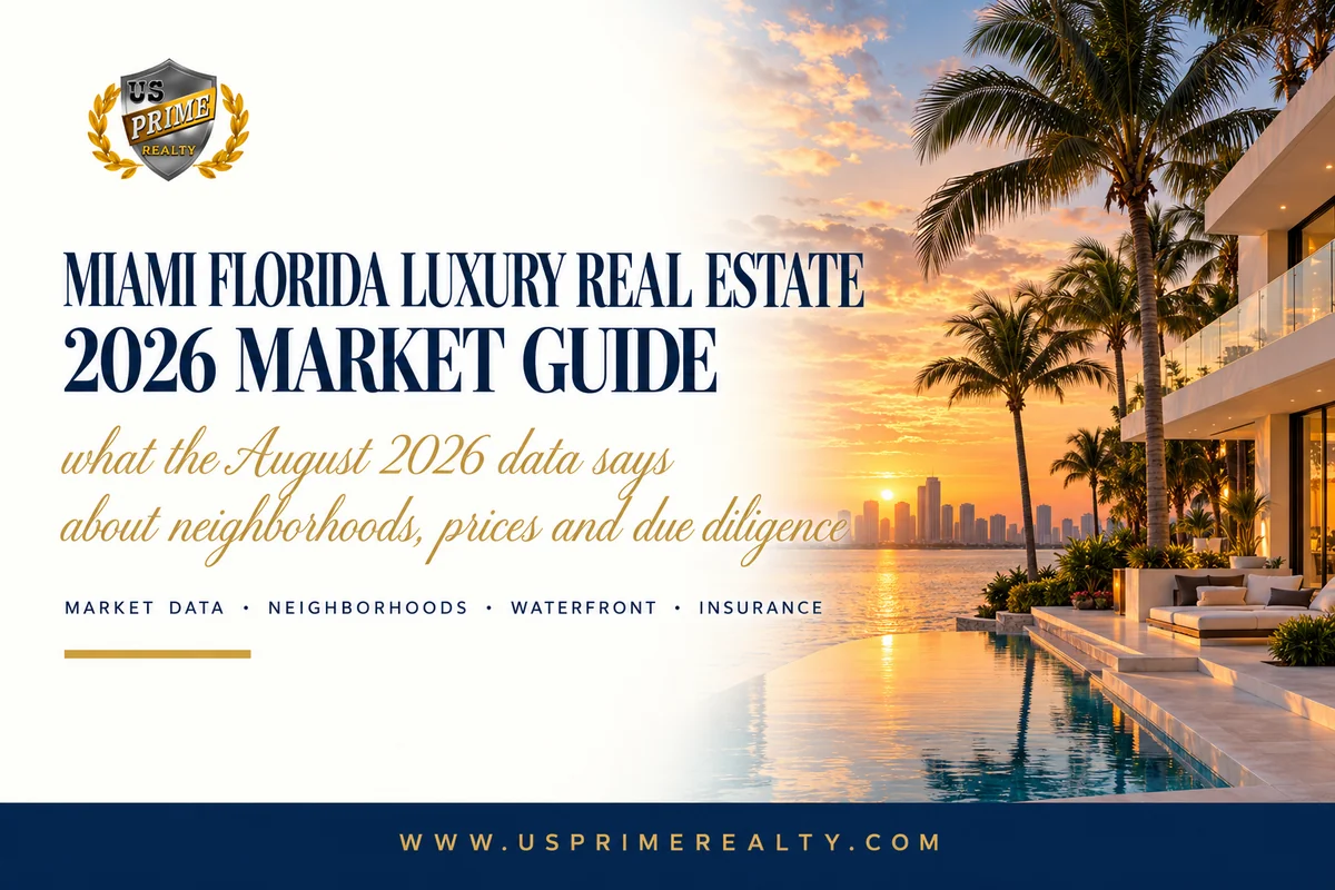 Miami Florida luxury real estate waterfront estate and skyline at sunset with 2026 market guide overlay