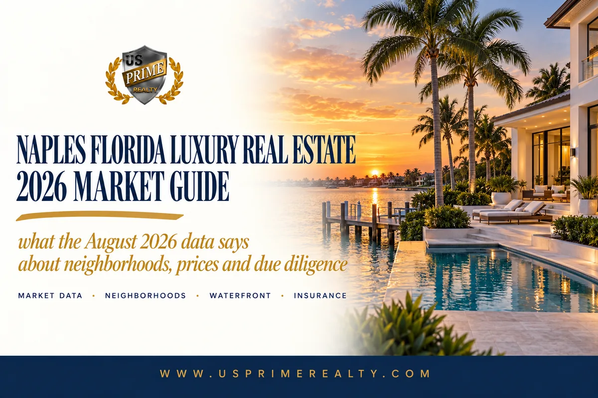 Naples Florida luxury real estate waterfront home at sunset with 2026 market guide overlay