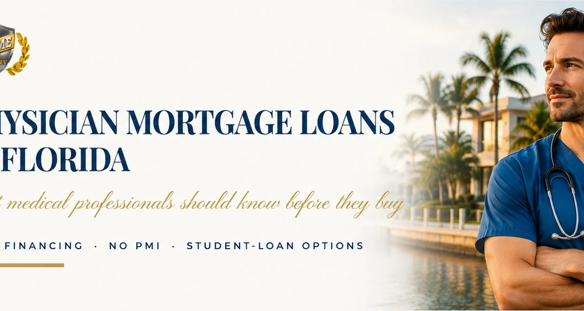 Physician mortgage loans in Florida guide banner from U.S. Prime Realty, showing a doctor in scrubs outside a modern waterfront home