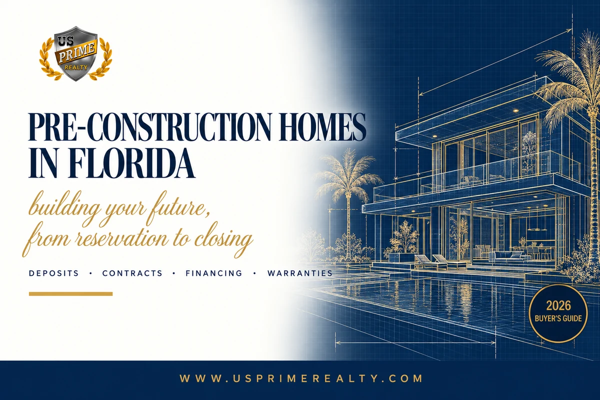 Pre-construction homes in Florida blueprint house graphic with 2026 buyer’s guide overlay