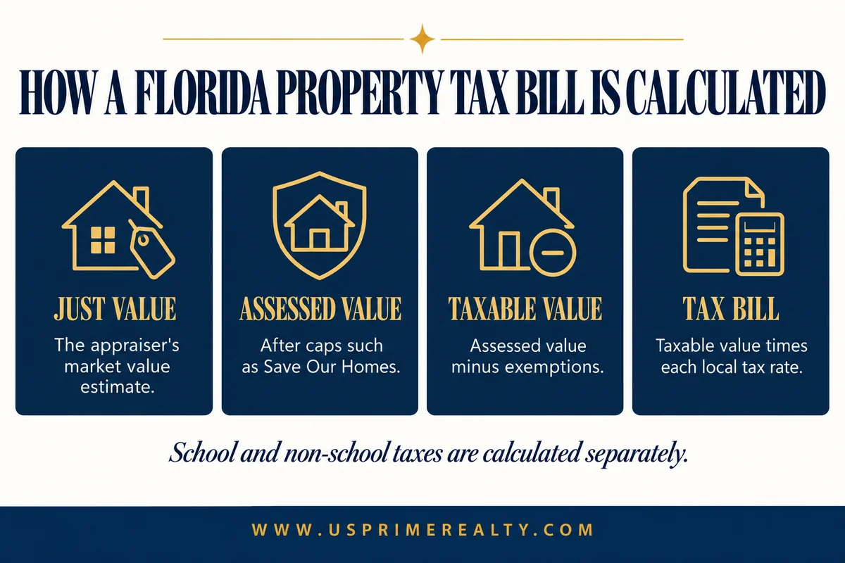 How a Florida property tax bill is calculated from just value, assessed value and taxable value