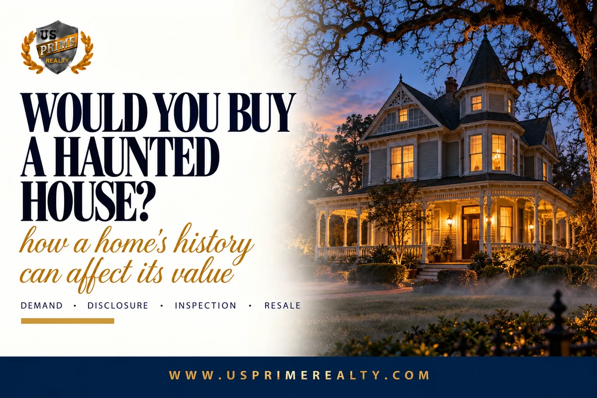 Historic house at dusk representing haunted house property value and real estate history