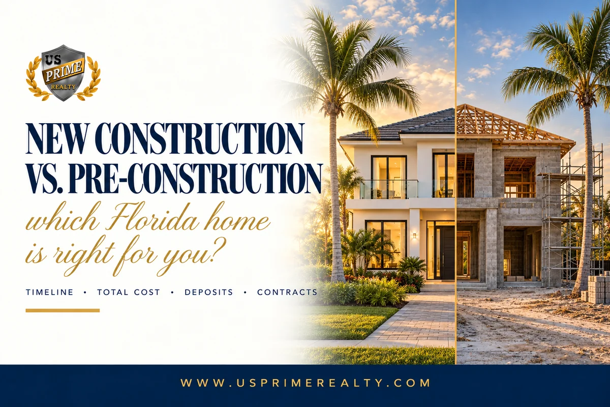 Completed new construction home beside an under-construction Florida property for buyer comparison
