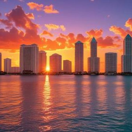 Vibrant sunset over city skyline.