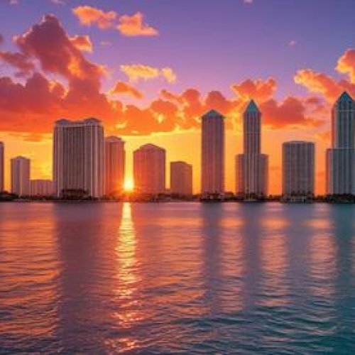 Vibrant sunset over city skyline.