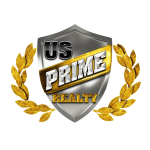 US Prime Realty logo with a metallic shield emblem surrounded by a laurel wreath, featuring black, silver, and gold accent